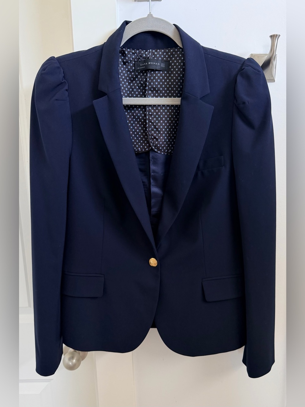 Zara Woman Navy Blue Blazer Gold Button Puff Shoulder Tailored XL